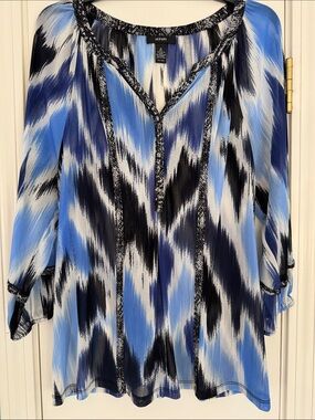 Alfani Blue and White Brushstroke Peasant Tunic